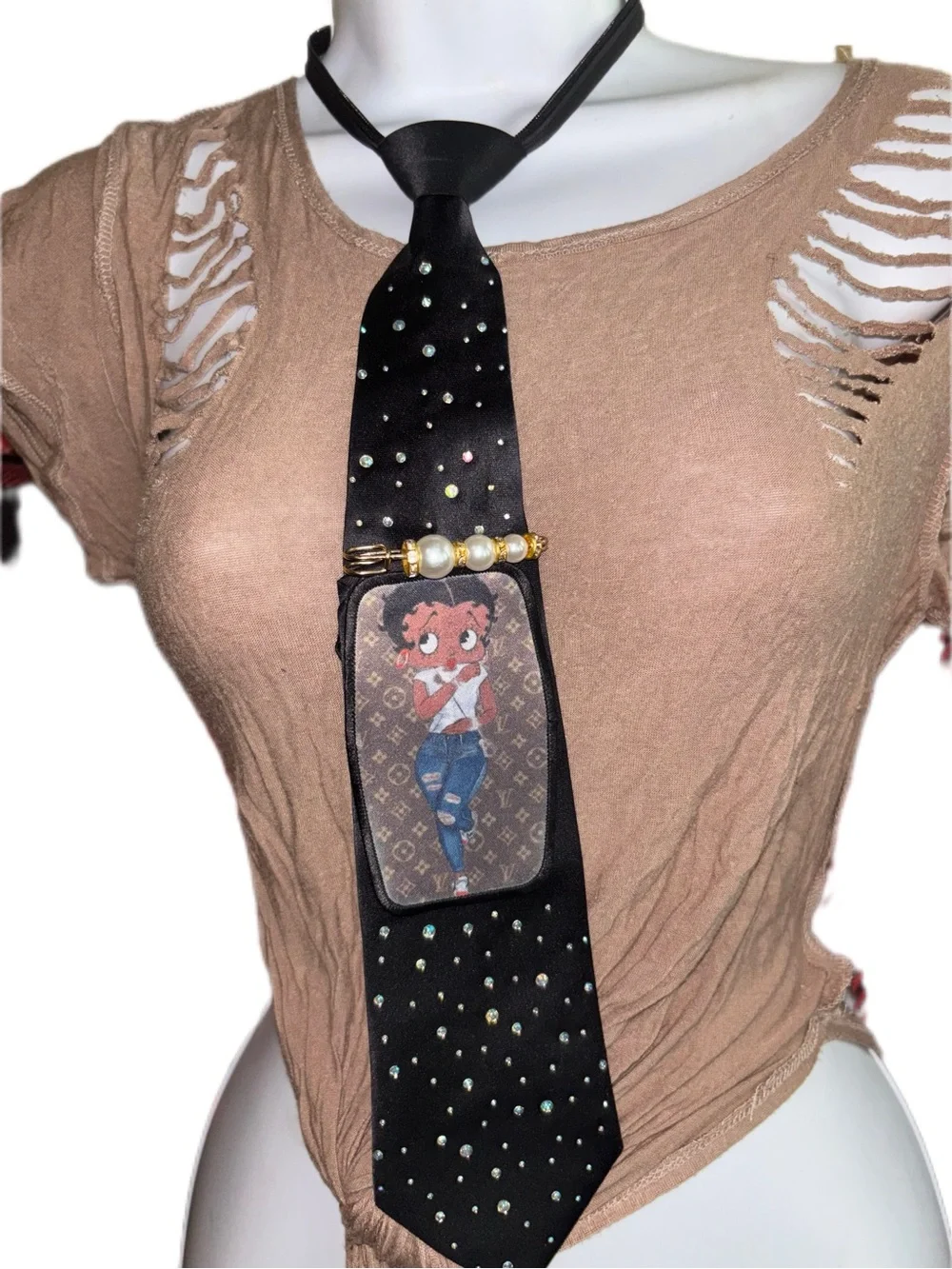 Black Embellished Satin Tie Necklace with Betty Boop Panel